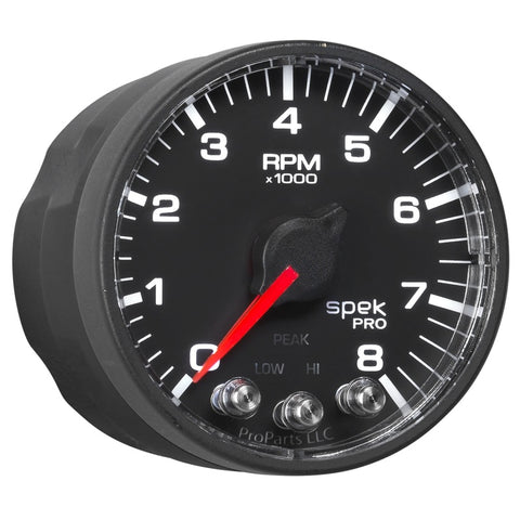 Autometer Spek-Pro Black 2 1/16 inch 8K RPM Tach w/ Shift Light and Peak Memory - P334328