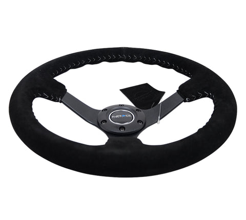 NRG Reinforced Steering Wheel (350mm / 3in. Deep) Blk Suede/Silver BBall Stitch w/5mm Mt. Blk Spokes - RST-036MB-S-SL