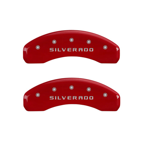 MGP 4 Caliper Covers Engraved Front & Rear Silverado Red finish silver ch - 14005SSILRD