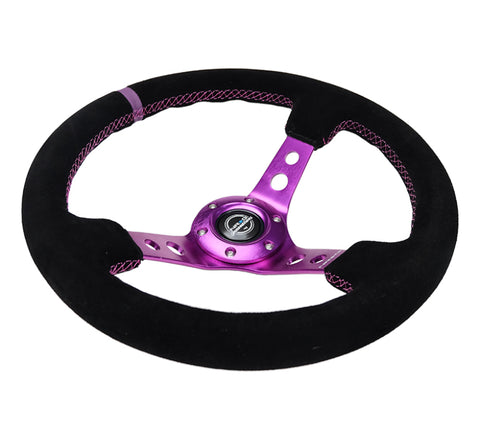 NRG Reinforced Steering Wheel (350mm / 3in. Deep) Black Suede w/Purple Center & Purple Stitching - RST-006S-PP