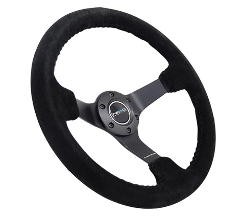 NRG Reinforced Steering Wheel (350mm / 3in. Deep) Blk Suede/Blk Bball Stitch w/5mm Matte Black Spoke - RST-036MB-S-BK