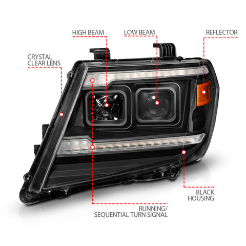 ANZO 09-20 Nissan Frontier Black Projector Plank Style DRL w/ Switchback & Sequential LED DRL - 111597