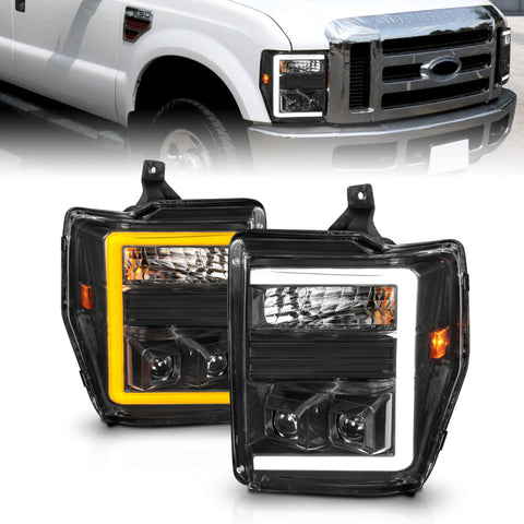 ANZO 08-10 Ford F-250 - F-550 Super Duty Projector Headlights w/ Light Bar Switchback Black Housing - 111586