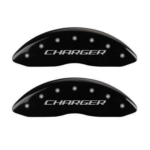 MGP 4 Caliper Covers Engraved Front Charger Engraved Rear RT Black finish silver ch - 12181SCHRBK