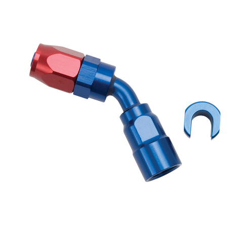 Russell Performance 5/16in SAE Quick Disc Female to -6 Hose Red/Blue 45 Degree Hose End - 611260