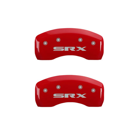 MGP 4 Caliper Covers Engraved Front Cursive/Cadillac Engraved Rear SRX Red finish silver ch - 35002SSRXRD