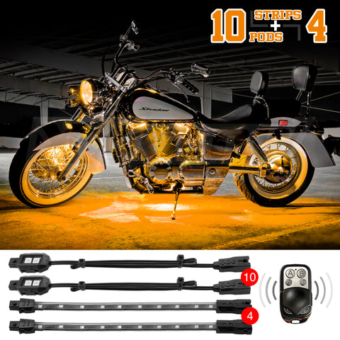 XK Glow Strips Single Color XKGLOW LED Accent Light Motorcycle Kit Amber - 10xPod + 4x8In - XK034002-A