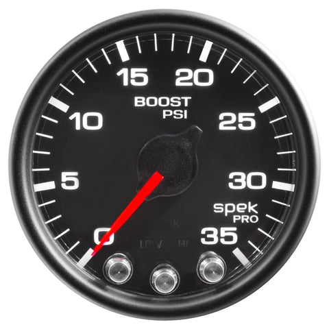 Autometer Spek-Pro Gauge Boost 2 1/16in 35psi Stepper Motor W/Peak & Warn Black/Black - P30332