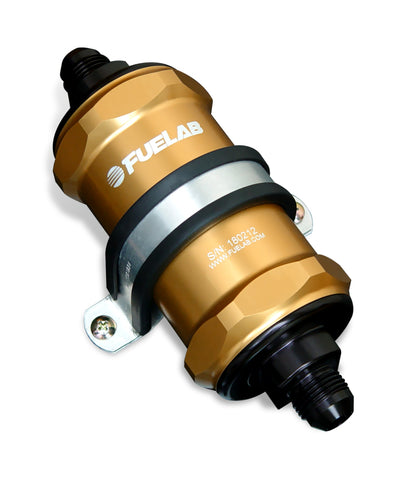 Fuelab 848 In-Line Fuel Filter Standard -6AN In/Out 100 Micron Stainless w/Check Valve - Gold - 84821-5