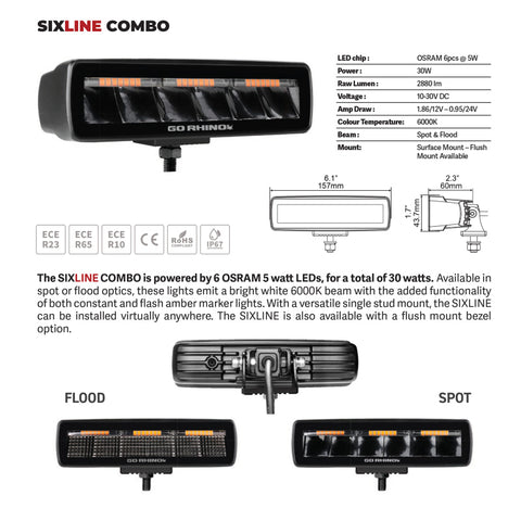 Go Rhino Xplor Blackout Combo Series Sixline LED Spot Lights w/Amber (Surface Mount) - Blk (Pair) - 750600622SBS