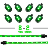 XK Glow Strips Single Color XKGLOW LED Accent Light Motorcycle Kit Green - 8xPod + 2x8In - XK034001-G