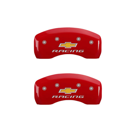 MGP 4 Caliper Covers Engraved F & R Chevy Racing Red Finish Silver Char 2019 Chevrolet Bolt EV - 14246SBRCRD