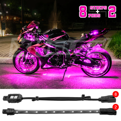 XK Glow Strips Single Color XKGLOW LED Accent Light Motorcycle Kit Pink - 8xPod + 2x8In - XK034001-P