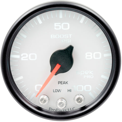 Autometer Spek-Pro Gauge Boost 2 1/16in 100psi Stepper Motor W/Peak & Warn Wht/Blk - P30512