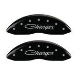 MGP 4 Caliper Covers Engraved Front & Rear Cursive/Charger Black finish silver ch - 12181SCHSBK