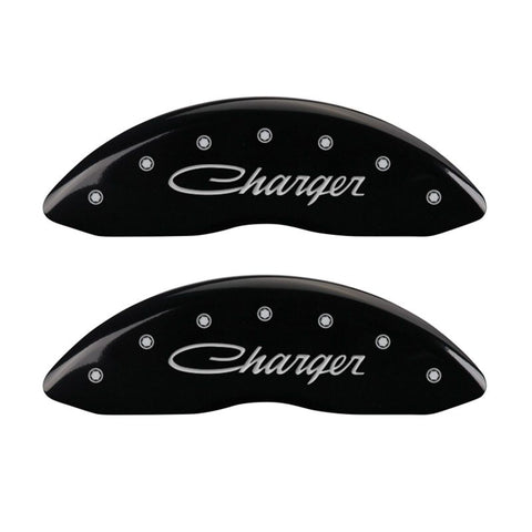 MGP 4 Caliper Covers Engraved Front & Rear Cursive/Charger Black finish silver ch - 12181SCHSBK