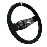 NRG Reinforced Steering Wheel (350mm / 3in. Deep) Blk Suede w/NRG Arrow Cut 2-Spoke & Yellow Mark - RST-022S-Y