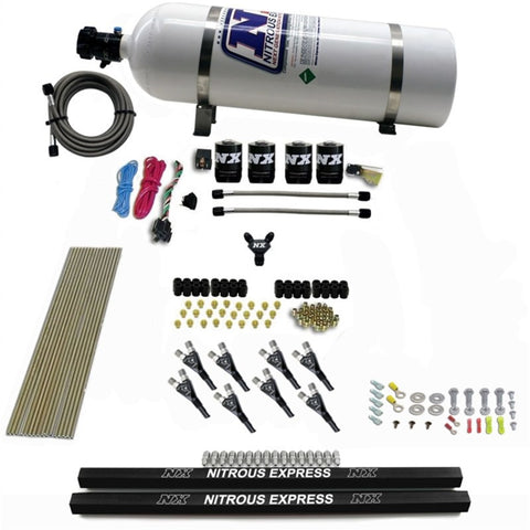 Nitrous Express Pro-Shk/Gas 4 Solenoids Nitrous Kit (200-600HP) w/Rails and 15lb Bottle - 91006-15