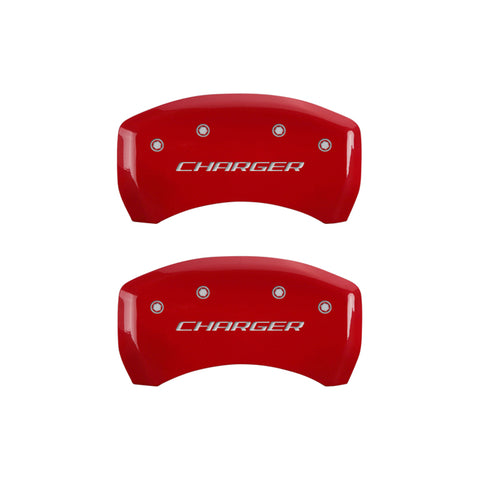 MGP 4 Caliper Covers Engraved Front & Rear Block/Charger Red finish silver ch - 12162SCHBRD