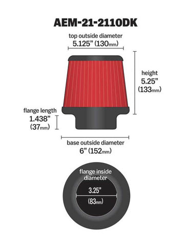 AEM 3.25 inch DRY Flow Short Neck 5 inch Element Filter Replacement - 21-2110DK