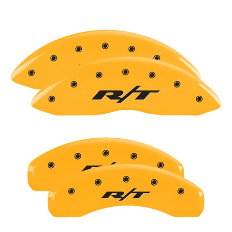 MGP 4 Caliper Covers Engraved Front & Rear 11-18 Dodge Durango Yellow Finish Black RT1-Truck Logo - 12204SRT1YL