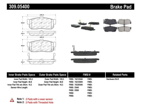 StopTech Performance 91-11/00 Infiniti G20/95-10/00 I30/I35 / 9/90-10/00 Maxima Rear Brake Pads - 309.05400