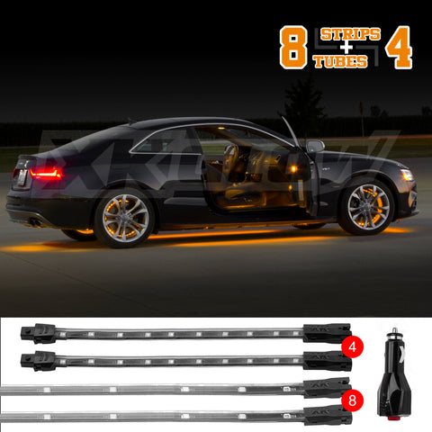 XK Glow Strip Single Color Underglow LED Accent Light Car/Truck Kit Amber - 8x24In Tube + 4x8In - XK041005-A