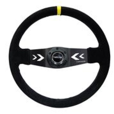 NRG Reinforced Steering Wheel (350mm / 3in. Deep) Blk Suede w/NRG Arrow Cut 2-Spoke & Yellow Mark - RST-022S-Y