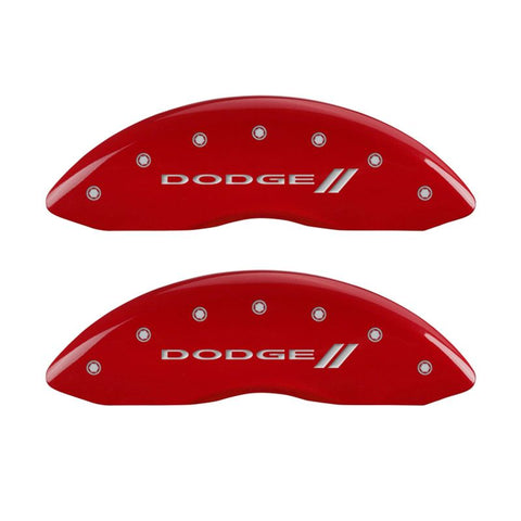 MGP 4 Caliper Covers Engraved Front & Rear With stripes/Dodge Red finish silver ch - 12043SDD3RD