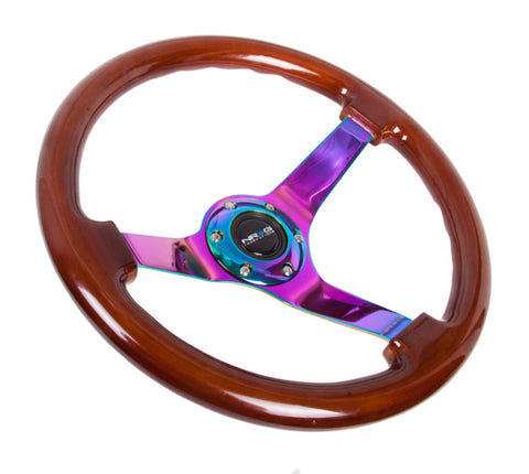 NRG Reinforced Steering Wheel (350mm / 3in. Deep) Classic Dark Wood w/4mm Neochrome Solid 3-Spoke - RST-036BR-MC