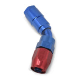 Russell Performance 3/8in SAE Quick Disc Female to -6 Hose Red/Blue 45 Degree Hose End - 611210