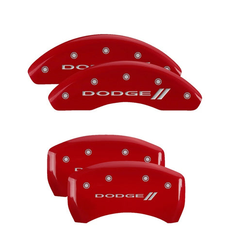 MGP 4 Caliper Covers Engraved Front & Rear With stripes/Dodge Red finish silver ch - 12199SDD3RD