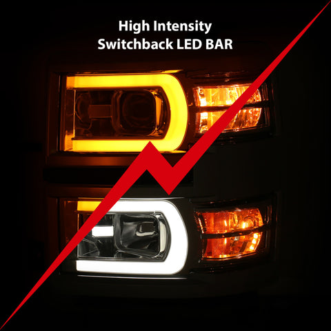 ANZO 14-15 Chevrolet Silverado 1500 Projector Headlights w/ Plank Style Switchback Chrome w/ Amber - 111413