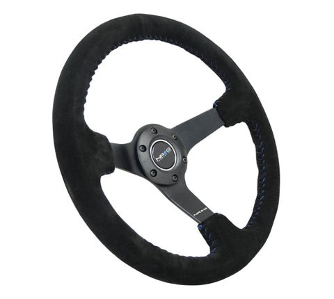 NRG Reinforced Steering Wheel (350mm / 3in. Deep) Blk Suede/Blue BBall Stitch w/5mm Matte Blk Spokes - RST-036MB-S-BL