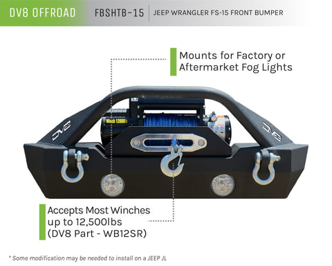 DV8 Offroad 07-18 Jeep Wrangler JK/JL FS-15 Steel Stubby Front Bumper w/ Fog Lights - FBSHTB-15