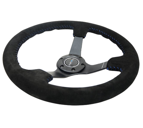 NRG Reinforced Steering Wheel (350mm / 3in. Deep) Blk Suede/Blue BBall Stitch w/5mm Matte Blk Spokes - RST-036MB-S-BL