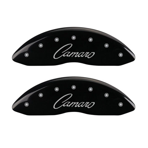 MGP 4 Caliper Covers Engraved Front & Rear Cursive/Camaro Black finish silver ch - 14033SCCSBK