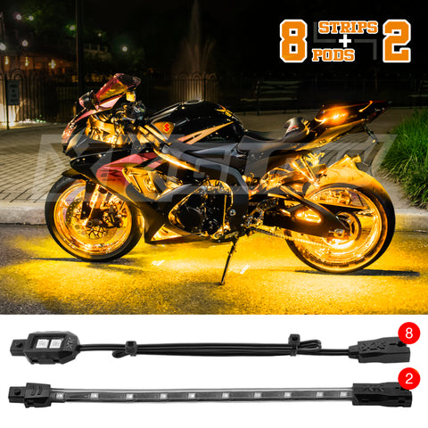 XK Glow Strips Single Color XKGLOW LED Accent Light Motorcycle Kit Amber - 8xPod + 2x8In - XK034001-A