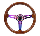 NRG Reinforced Steering Wheel (350mm / 3in. Deep) Brown Wood w/Blk Matte Spoke/Neochrome Center Mark - RST-018BR-MC