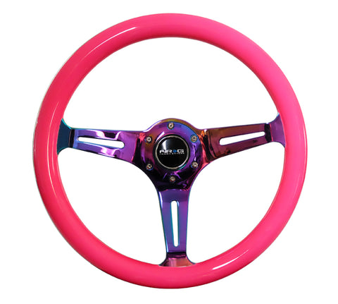 NRG Classic Wood Grain Steering Wheel (350mm) Neon Pink Painted Grip w/Neochrome 3-Spoke Center - ST-015MC-NPK