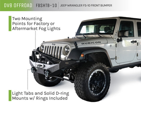 DV8 Offroad 07-18 Jeep Wrangler JK/JL FS-10 Full Length Steel Front Bumper w/ Skid Plate - FBSHTB-10