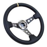 NRG Reinforced Steering Wheel (350mm / 3in. Deep) Blk Leather w/Gunmetal Cutout Spoke & Yellow CM - RST-006GM-Y