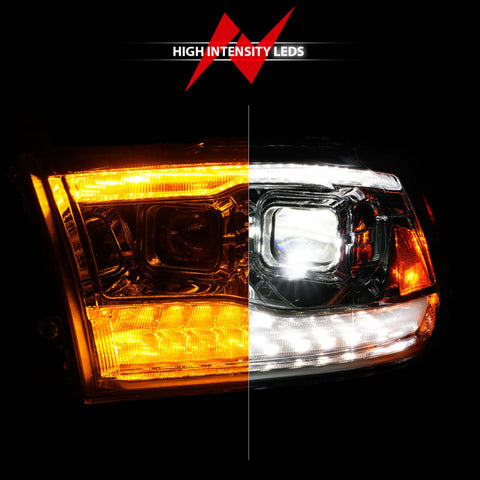 ANZO 09-18 Dodge Ram 1500/2500/3500 Full LED Proj Headlights w/Switchback Light Bar - Chrome - 111596