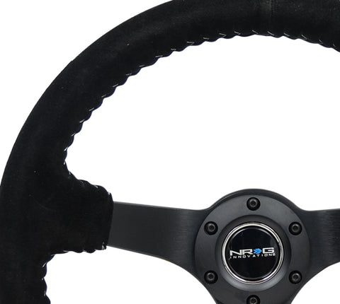 NRG Reinforced Steering Wheel (350mm / 3in. Deep) Blk Suede/Silver BBall Stitch w/5mm Mt. Blk Spokes - RST-036MB-S-SL