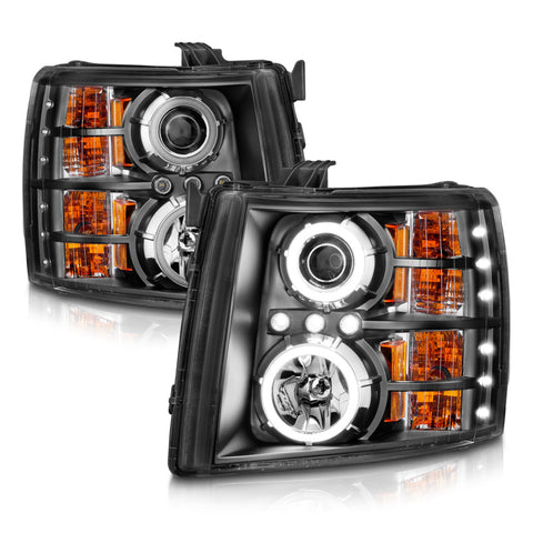 ANZO 2007-2013 Chevrolet Silverado 1500 Projector Headlights w/ Halo Black - 111107