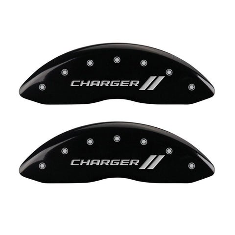 MGP 4 Caliper Covers Engraved Front & Rear With stripes/Charger Black finish silver ch - 12088SCH1BK