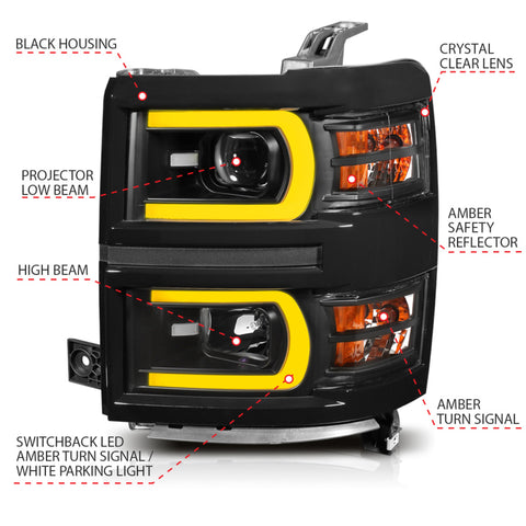 ANZO 14-15 Chevrolet Silverado 1500 Projector Headlights w/ Plank Style Switchback Black w/ Amber - 111412