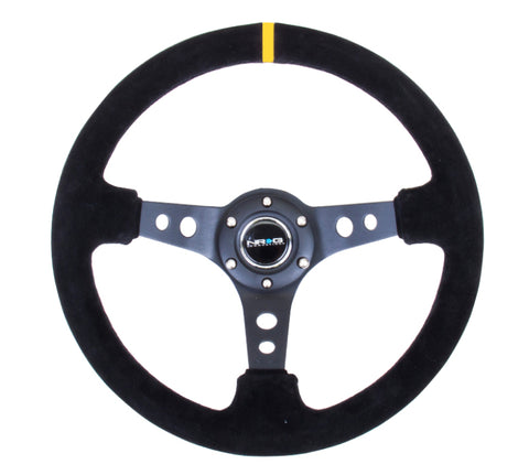 NRG Reinforced Steering Wheel (350mm / 3in. Deep) Blk Suede w/Circle Cut Spokes & Single Yellow CM - RST-006S-Y