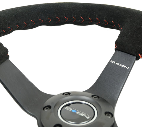 NRG Reinforced Steering Wheel (350mm / 3in. Deep) Blk Suede/Red BBall Stitch w/5mm Matte Blk Spokes - RST-036MB-S-RD