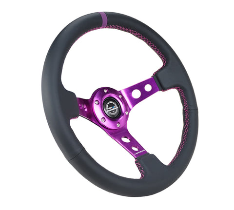 NRG Reinforced Steering Wheel (350mm / 3in. Deep) Black Leather w/Purple Center & Purple Stitching - RST-006PP